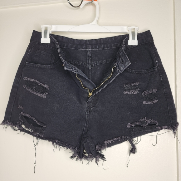 SHEIN High Waist Ripped Raw Trim Denim Shorts - Picture 5 of 11